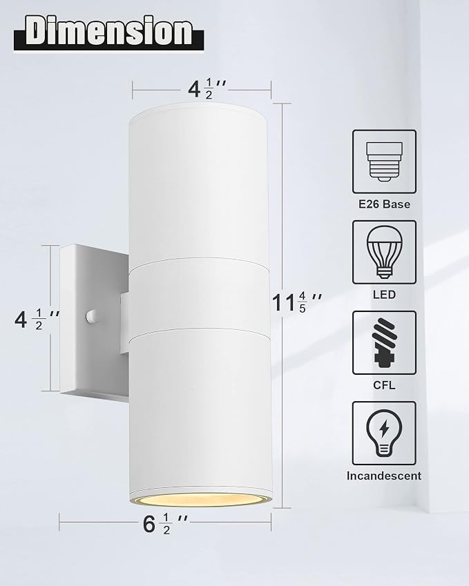 Ken & Ricky Cylinder Outdoor Wall Sconce Lights,Up and Down, White, 2 Pack | Aluminum Waterproof Outdoor Wall light,No Glare,Exterior Lighting Fixtures,E26 Base，For Porch House Garage Front Door Patio