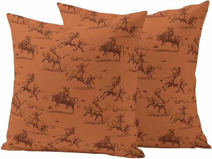 Western Cowboys Outdoor Pillow Covers Waterproof, All Weather Cushion Case Set of 2, Orange Vintage Country Nature Scenery Decorative Pillowcases for Sofa Couch Bed Decor Patio Furniture 20"x20"