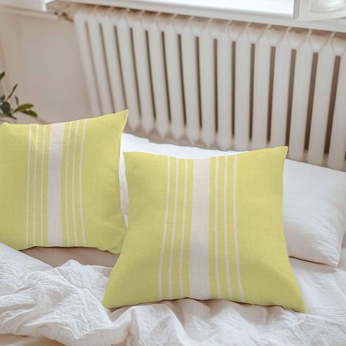 Throw Pillow Covers 20x20 Inch Set of 2, Yellow Beige Striped Waterproof Outdoor Cushion Covers, Modern Farmhouse Retro Lines Decorative Pillowcases for Couch, Sofa, Bed, Garden, Patio