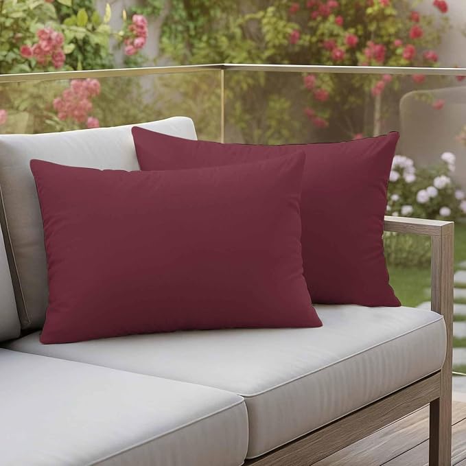 Lumbar Pillow Covers 12 x 20 Inches, Red Solid Color Waterproof Throw Pillow Cover Set of 2, Aesthetics Contemporary Luxury Decorative Rectangle Cushion Covers for Patio/Couch/Garden