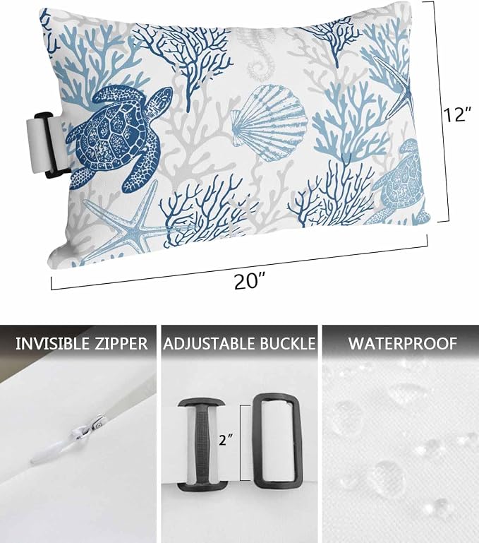 Lumbar Pillow Covers Set of 2, Navy Blue Grey Coastal Waterproof Outdoor Chaise Lounge Pillow Covers with Elastic Strap, Sea Turtle Nautical Coral Summer Beach Headrest Pillowcase for Patio, 12 x 20