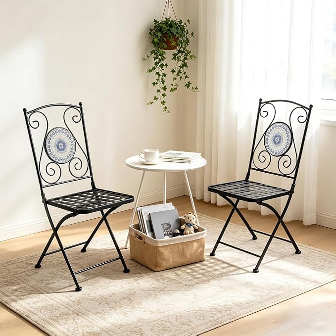 Folding Patio Chairs Set of 2 Mosaic Bistro Chair Outdoor Seating | Garden Patio Furniture Seating Heavy Duty Metal Frame Dining Chairs for Lawn Yard Balcony Porch Backyard Poolside