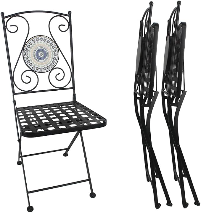 Folding Patio Chairs Set of 2 Mosaic Bistro Chair Outdoor Seating | Garden Patio Furniture Seating Heavy Duty Metal Frame Dining Chairs for Lawn Yard Balcony Porch Backyard Poolside