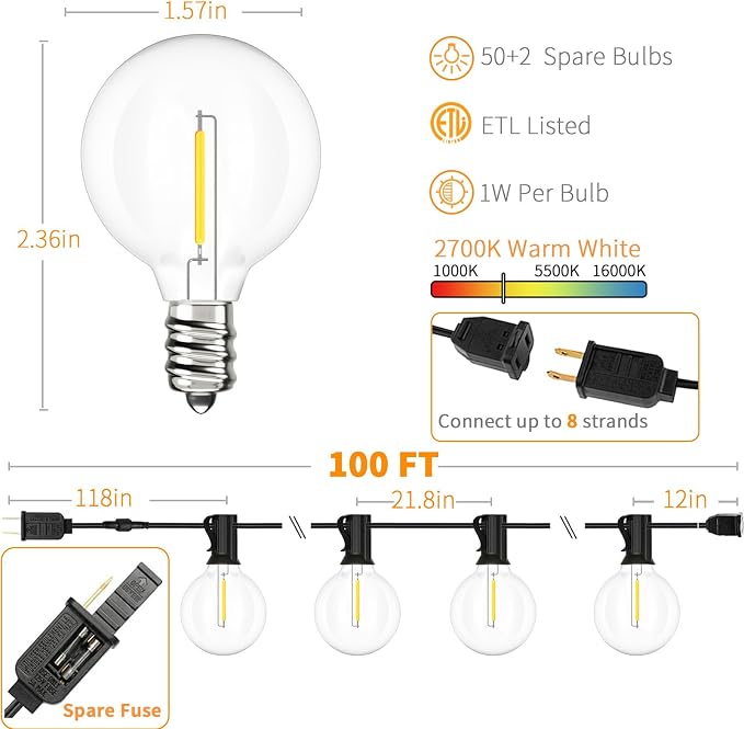 Svater Outdoor String Lights Waterproof 100 FT for Outside Patio 52 Bulbs