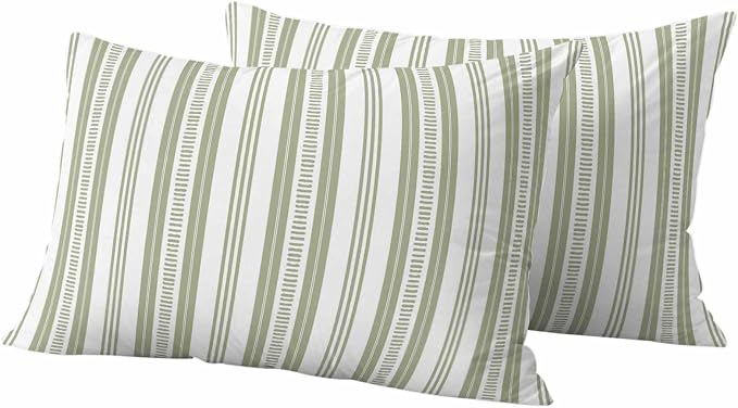 Sage Green Striped Outdoor Waterproof Pillow Covers, Farmhouse Stripes Modern Geometric Decorative Rectangle Throw Pillowcase Sofa Cushion Sham for Patio/Couch/Chair, 20"x12" 2 Pack