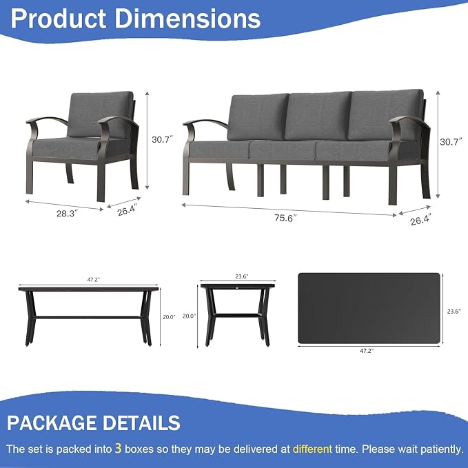 Aluminum Outdoor Patio Furniture Set,5 Seats Patio Conversation Sets with Rectangular Coffee Table,Metal Patio Sectional Furniture Set with 5.1" Thickened Cushions,Grey