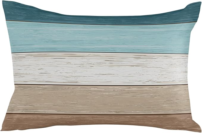 Vandarllin Outdoor Throw Pillow Covers 12X20 Set of 2 Waterproof Teal Blue Brown Decorative Zippered Cushion Covers for Patio Furniture, Farmhouse Retro Rustic Barn Wood Texture Lumbar Pillowcases