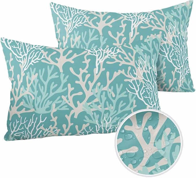 Pack of 2 Outdoor Pillow Covers 20x12 Waterproof Aqua Teal Coral Coastal Throw Pillow Covers, Decorative Pillowcases Nautical Ocean Marine Organism Cushion Covers for Patio Garden Couch Pillow Case