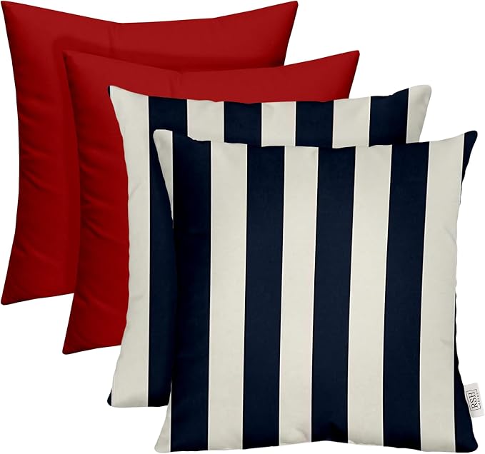 RSH DECOR Square Throw Pillows Set of 4, 17" x 17", Outdoor Pillows Waterproof, Outdoor Pillow Covers, Pillow Covers for Couch, Navy and White Stripe & Solid Red, Made in USA