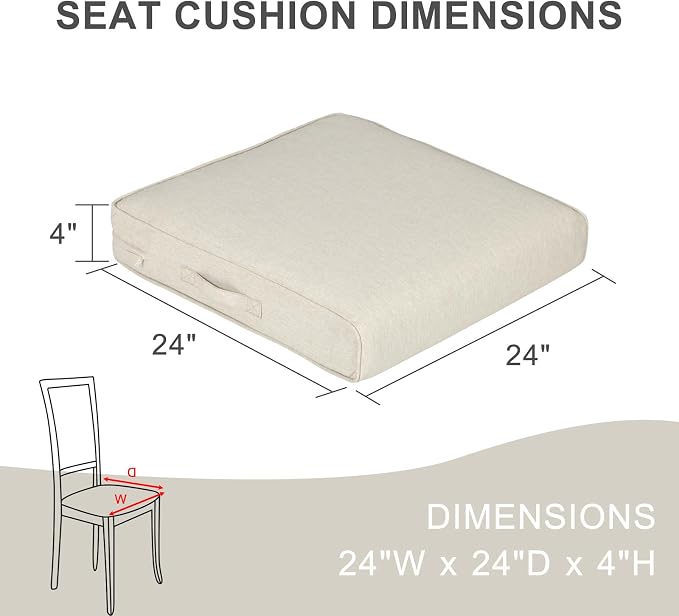 Aoodor Patio Chair Cushions Set of 4, 24 x 24 x 4 Inch Water Resistant Outdoor Seat Cushions with Handle and Ties, Square Corner Cushions for Patio Furniture Garden Lawn, Khaki