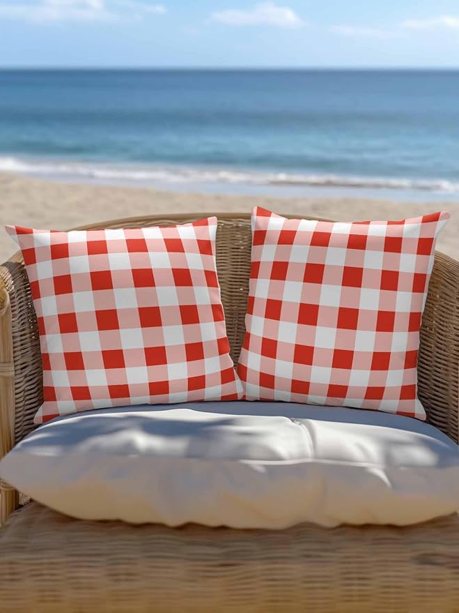 Waterproof Outdoor Pillow 1 Pack Red Buffalo Plaid Decorative Throw Pillows Cover & Insert 16x16 Inch Pillowcase Check Lines Square Pillows for Couch Sofa Bed Patio Furniture Indoor Outdoor