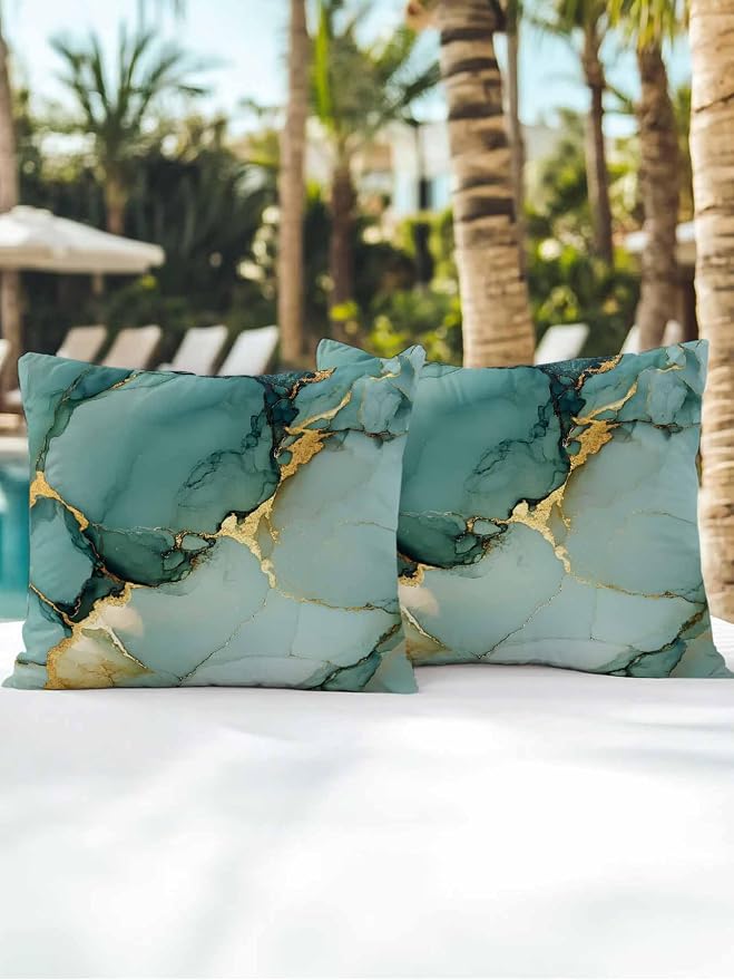 Outdoor Throw Pillow Set of 2, Teal Ombre Marble Waterproof Pillow with Insert Included, Modern Ink Painting Abstract Decorative Accent Cushion Sofa Pillows for Patio Porch, 16 x 16 in