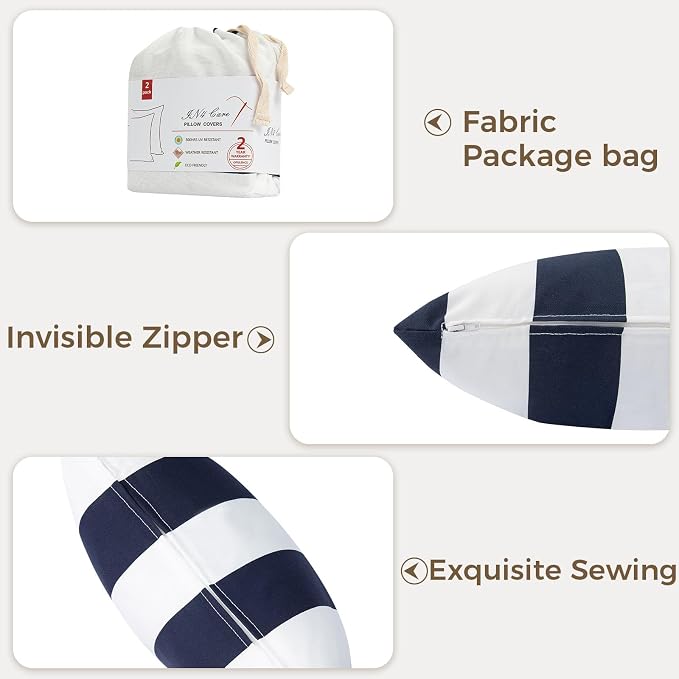 Throw Pillow Covers Set of 2, Outdoor Indoor Waterproof Decorative Patio Throw Pillowcase Shell 18x18 Inch, Square Cushion Case for Couch Sofa Garden Farmhouse Decoration-Navy White Stripe