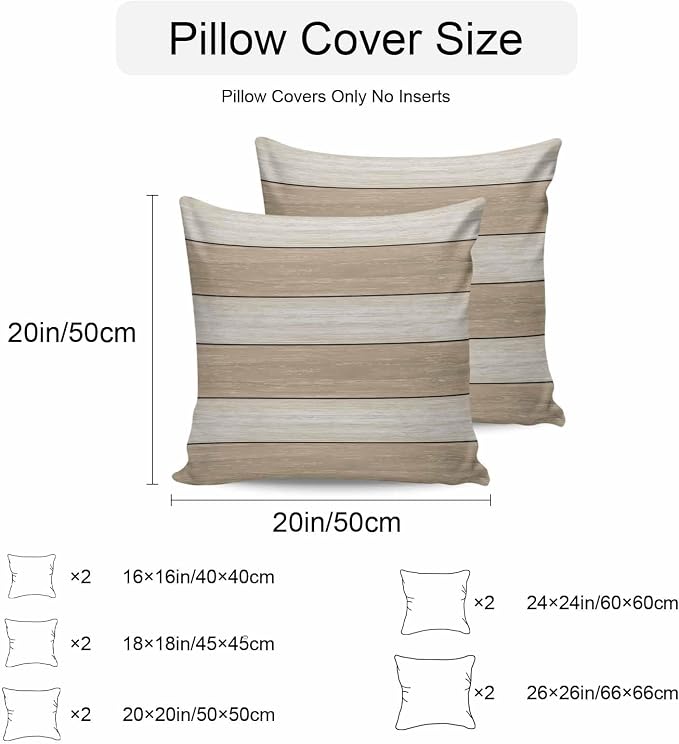 Vandarllin Outdoor Throw Pillow Covers 26X26 Set of 2 Waterproof Ivory White Beige Decorative Zippered Cushion Covers for Patio Furniture, Farmhouse Retro Rustic Barn Wood Texture Lumbar Pillowcases