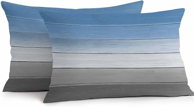 Blue Gray Outdoor Pillow Covers 20x12 Inch Lumbar Pillow Covers Set of 2 Waterproof Decorative Throw Pillow Cases Vintage Farmhouse Gradient Wooden Grain Art Cushion Covers for Patio Furniture Garden