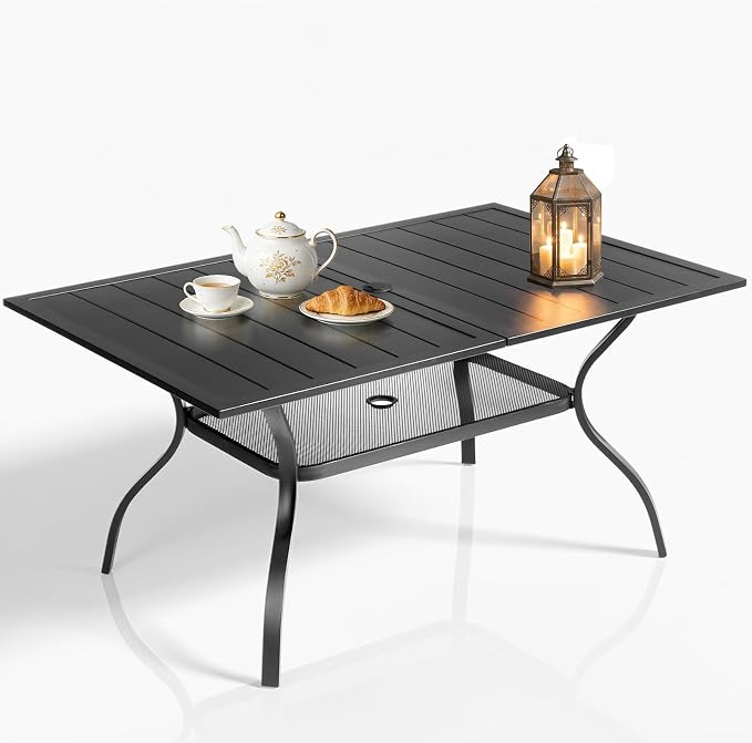 VINGLI 60" x 38" Rectangle Patio Table for 6, Metal Outdoor Dining Table with Umbrella Hole, All-Weather Steel Patio Dining Table Outdoor Table for Lawn, Garden, Backyard, Black (L60 xW38)