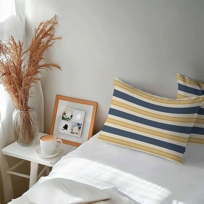 Vandarllin Outdoor Throw Pillows Covers 20x12 inch Set of 2 Waterproof Navy Blue Stripes Lines Decorative Zippered Cushion Covers for Patio Furniture, Yellow Classic Striped Lumbar Pillowcases