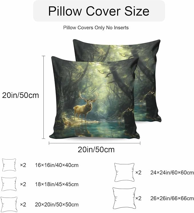 Green Forest Deer Waterproof Outdoor Pillow Covers Set of 2 Home Decor, Fantasy Vintage Nature Scenery Pillowcase Patio Pillow Covers for Couch Bench Furniture Garden 24x24in