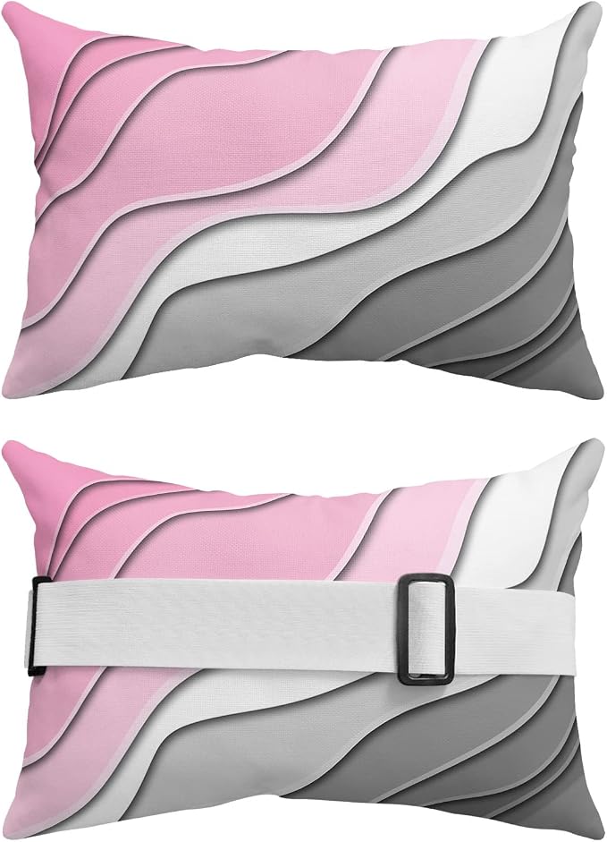 Geometric Ombre Lounge Pillows Outdoor, Aesthetic Pink Grey White Gradient Abstract Head Pillows, Modern Waterproof Patio Furniture Lumbar Pillows with Adjustable Elastic Strap for Recliner Beach