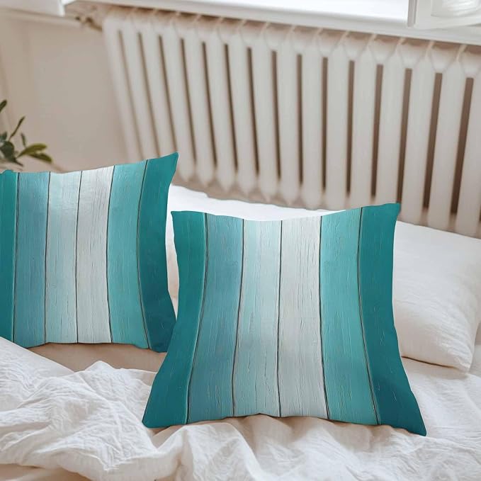 Throw Pillow Covers 18x18 Inch Set of 2, Aqua Ombre Waterproof Outdoor Cushion Covers, Vintage Country Wooden Decorative Pillowcases for Couch, Sofa, Bed, Garden, Patio