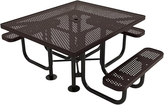 COATEDOUTDOORFURNITURE Coated Outdoor Furniture Heavy-Duty Portable ADA-Compliant Outdoor Picnic Table with Umbrella Hole, Punched Steel Patio Dining Furniture Made in America (46" Square Top, Brown)