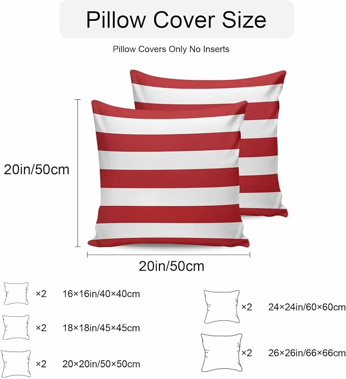 Outdoor Waterproof Throw Pillow Covers Set of 2 Red White Stripe Pillowcases 24x24 Inches Simple Style Striped Decorative Pillows Cushion Case Patio Pillows for Couch Bed Chair Garden