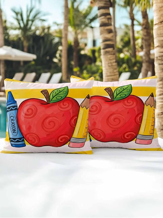 Outdoor Throw Pillow Set of 2, Children's Day Waterproof Pillow with Insert Included, Funny Cartoon Pencil Yellow Striped Decorative Accent Cushion Sofa Pillows for Patio Porch, 18 x 18 in