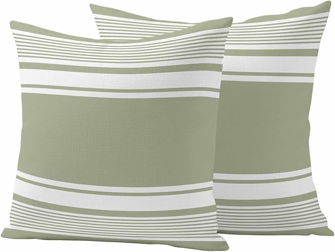 Vandarllin Outdoor Throw Pillows Covers 20x20 inch Set of 2 Waterproof Sage Green Stripes Decorative Zippered Cushion Covers for Patio Furniture, Striped Lines Lumbar Pillowcases