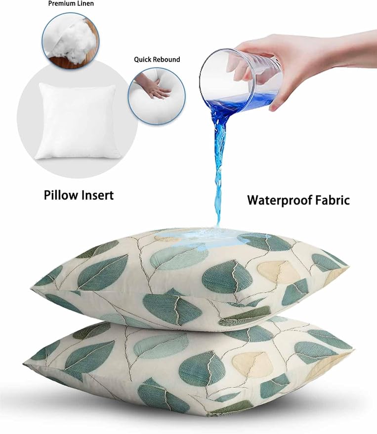 Outdoor Waterproof Throw Pillows Farmhouse Teal Green Leaf Patio Pillows,Decorative Pillow Covers with Insert,Pillow Cushion Case for Garden Couch Sofa Vintage Watercolor Leaves