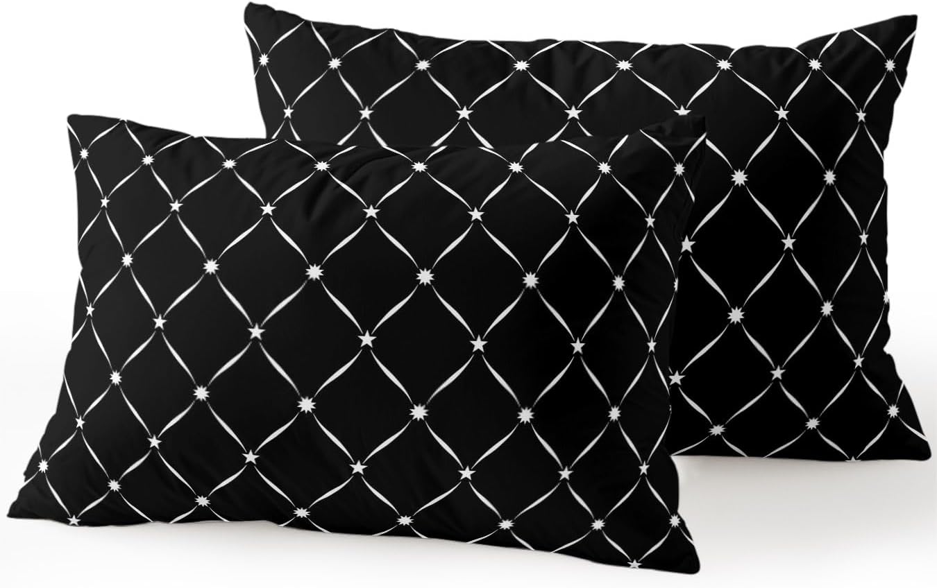 Vandarllin Waterproof Outdoor Pillow Set of 2 Black Grid Plaid Decorative Throw Pillows Cover & Insert 20x12 Inch Lumbar Pillowcase Diagonally Crossed Lines Pillows for Couch Sofa Bed Patio Furniture