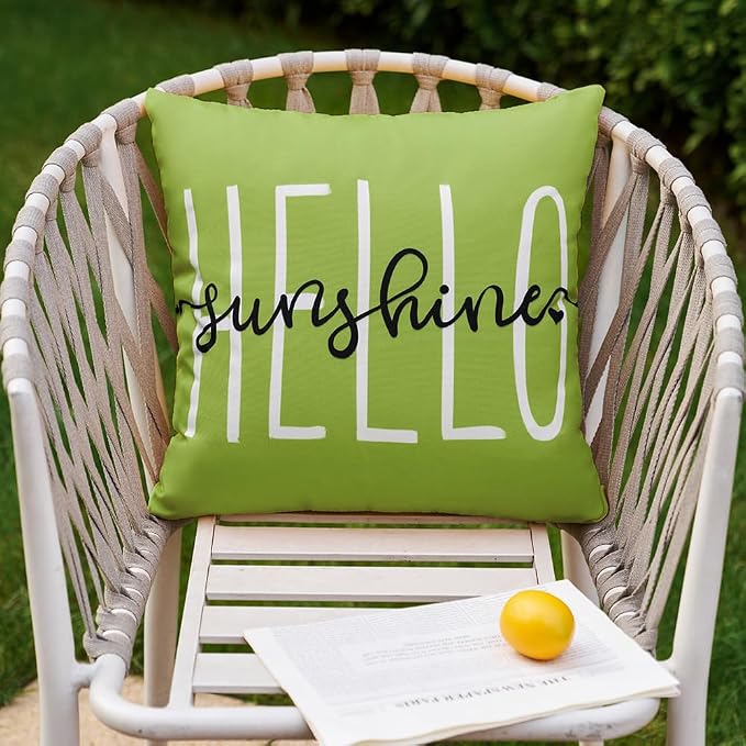 DFXSZ Grass Green Outdoor Waterproof Pillow Covers 16x16 Set of 2 | Hello Sunshine Decor Spring Summer Polyester Pillow Covers(NO INSERTS)| Decor for Patio Funiture Garden Sofa Couch