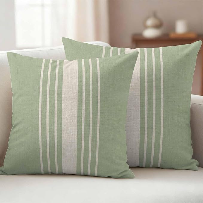 Sage Green Beige Striped Outdoor Pillow Covers 18x18 Inch Throw Pillow Covers Set of 2 Waterproof Decorative Pillow Cases Modern Farmhouse Retro Lines Cushion Covers for Patio Furniture Garden Couch