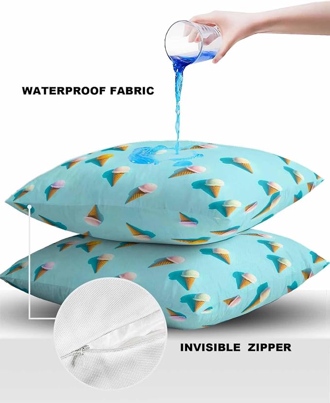Outdoor Pillow Covers 18 x 18 Inches, Blue Ice Cream Waterproof Throw Pillow Cover Set of 2, Summer Colorful Ice Cream Home Decorative Square Cushion Covers for Patio/Tent/Couch/Garden