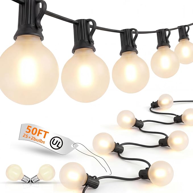 GOOTHY 50Ft LED Outdoor Patio String Lights - Waterproof Globe Lights with 52 Shatterproof Frosted Bulbs, Connectable for Wedding, Party, Christmas & Garden Decor, Black Wire