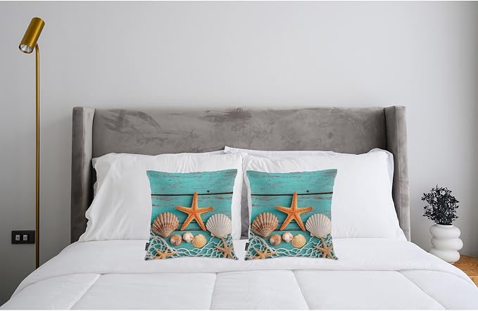 Swono Marine Throw Pillow Cases, Fishing Net Seashells Starfish Set of 2 Decorative Throw Pillow Cover Turquoise Blue Wood Square Pillow Cushion Case Home Decor for Sofa Couch Bed Car 18x18 Inch