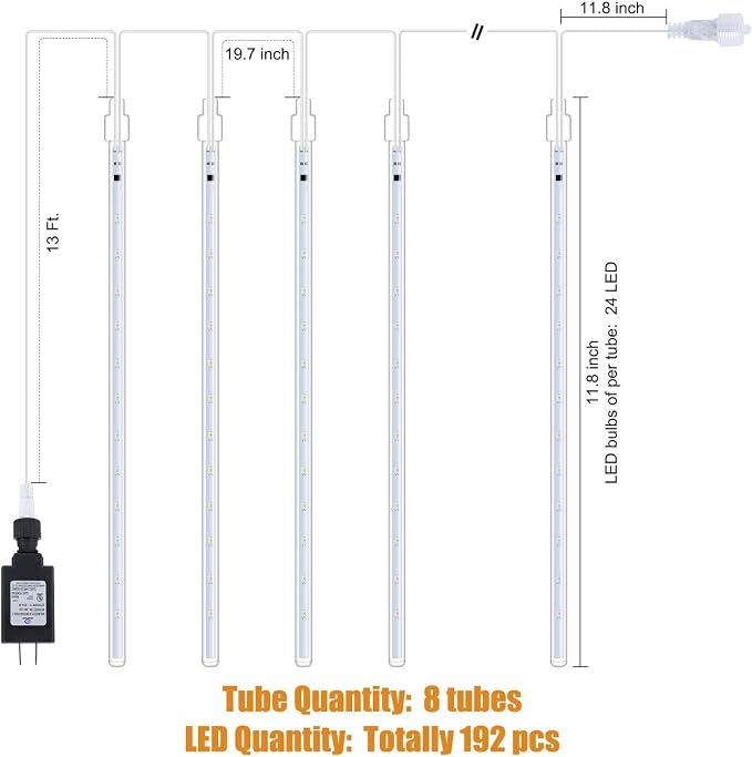 Meteor Shower Lights Outdoor, 11.8 Inch 8 Tubes 192 LED Snowfall Lights, Waterproof Meteor Christmas Light, Hanging Falling Rain Light for Tree Bushes Holiday Party Christmas Decoration, Blue