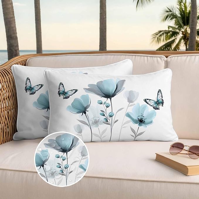Spring Blue Tulip Waterproof Outdoor Pillow Covers Set of 2 Home Decor, Pastoral Botanical Florals Simple Pillowcase Patio Pillow Covers for Couch Bench Furniture Garden 20x12in