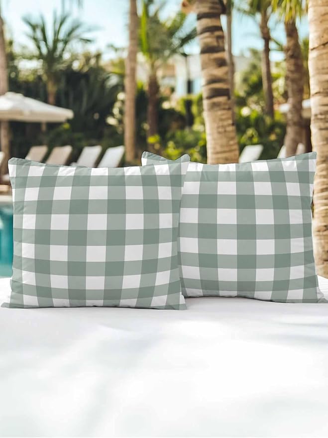 Waterproof Outdoor Pillow Set of 2 Sage Green Buffalo Plaid Decorative Throw Pillows Cover & Insert 16x16 Inch Pillowcase Check Lines Square Pillows for Couch Sofa Bed Patio Furniture Indoor Outdoor
