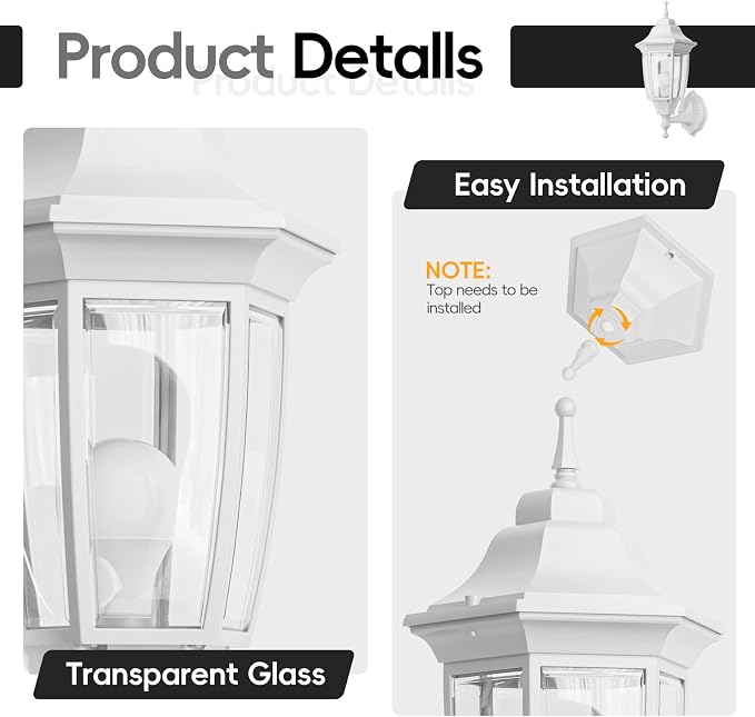 EMART Outdoor Front Porch Light with Bulb, Wall Lamp Fixture(2 Pack, White) | Exterior Anti-Corrosion, Waterproof Aluminum & Glass Shades, Modern Sconce Lantern for Outside, House, Garage