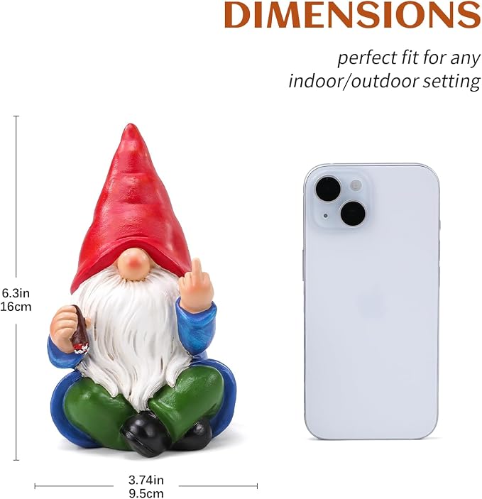 Middle Finger Gnome Statue 6.3in, Funny Smoking Garden Gnomes Yard Home Decoration - Hilarious Gag Birthday Gifts for Men Women, White Elephant Party - Indoor/Outdoor Decor