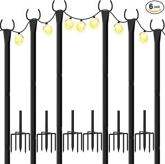 String Light Poles for Outside, 10ft Outdoor Poles for String Lights, Heavy Duty Stepped-in 5-Prong Base Light Pole for Backyard, Patio, Garden, Wedding & Party Decor (6 Pack)