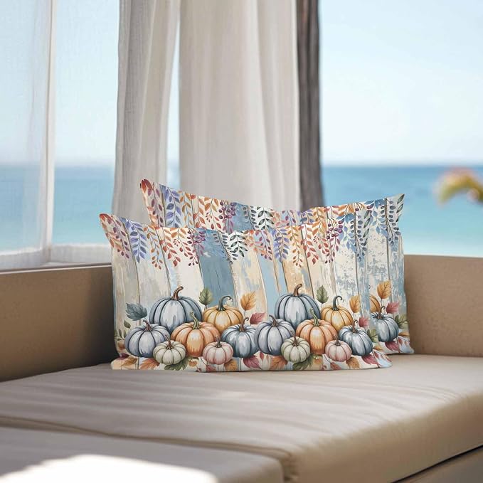 Orange Pumpkins Outdoor Waterproof Pillow Covers, Eucalyptus Leaves Wood Grain Country Rustic Decorative Rectangle Throw Pillowcase Sofa Cushion Sham for Patio/Couch/Chair, 20"x12" 2 Pack