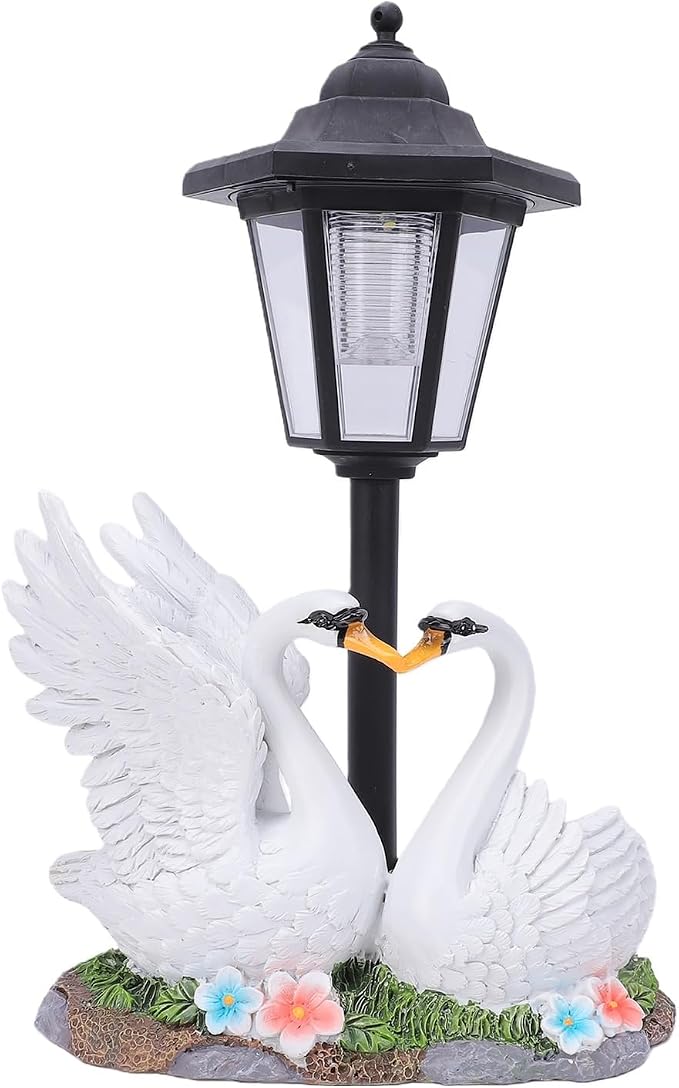 Solar Swan Lantern Outdoor Resin Garden Statue | with Solar Powered Warm Light and Stable Base for Patio Lawn Pathway Decor