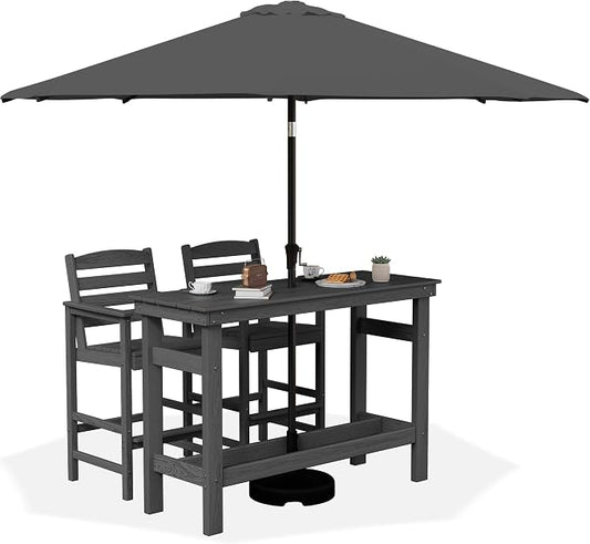 SERWALL Outdoor Bar Set with 9ft Umbrella, All-Weather HDPE Patio Bar Chairs and Table, Outdoor Furniture Set, Grey (Umbreall Base not Included)