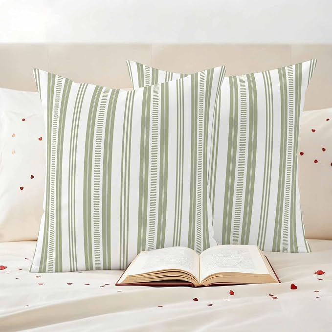 Sage Green Striped Outdoor Waterproof Pillow Covers, Farmhouse Stripes Modern Geometric Decorative Square Throw Pillowcase Sofa Cushion Sham for Patio/Couch/Chair, 26"x26" 2 Pack