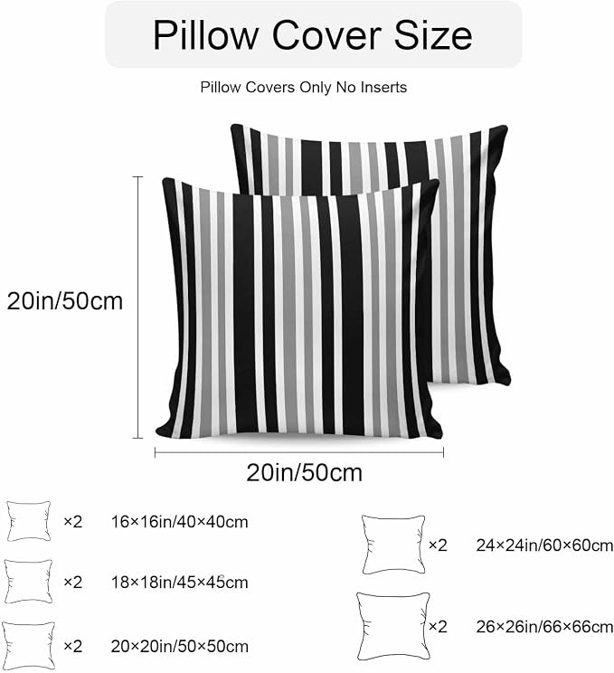 Black Grey Stripe Outdoor Pillow Covers 26x26 Inch Throw Pillow Covers Set of 2 Waterproof Decorative Pillow Cases Farmhouse Minimalist Striped Cushion Covers for Patio Furniture Garden Couch Sofa