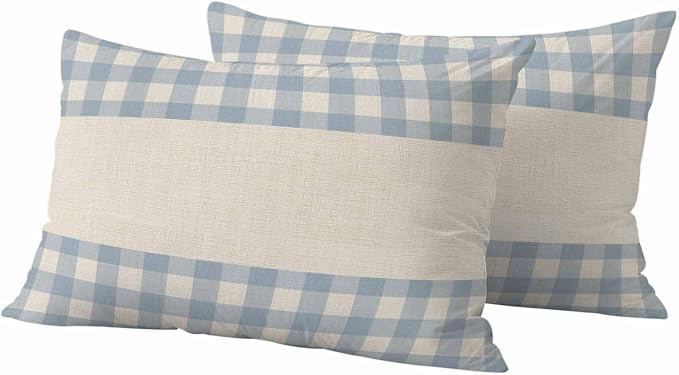 Retro Blue Outdoor Waterproof Pillow Covers, Farmhouse Buffalo Plaid Vintage Beige Decorative Rectangle Throw Pillowcase Sofa Cushion Sham for Patio/Couch/Chair, 20"x12" 2 Pack