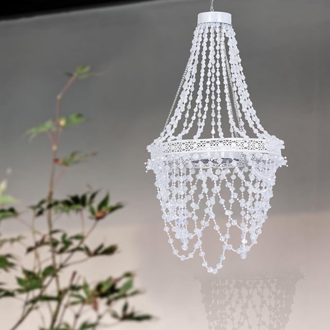 Solar Hanging Crystal Chandelier Outdoor Decorative Garden Light | Acrylic crystals with 54 warm LEDs powerful solar battery for elegant, waterproof garden gazebo, party, wedding, tree decor