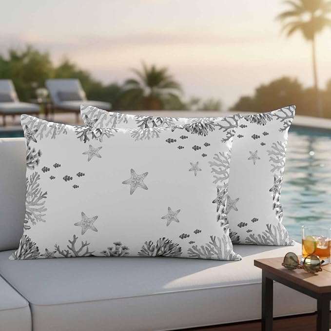 Summer Ocean Grey Coral Outdoor Waterproof Throw Pillow Covers Set of 2, 20"x12", Nautical Sea Watercolor Fish Starfish Decorative Pillow Covers Outside Cushion Case for Patio Porch Garden