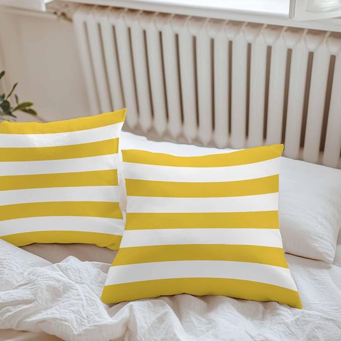Outdoor Waterproof Throw Pillow Covers Set of 2 Yellow White Stripe Pillowcases 16x16 Inches Simple Style Striped Decorative Pillows Cushion Case Patio Pillows for Couch Bed Chair Garden